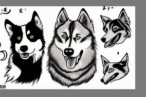 a husky and border collie drawn as in japanese style tattoo idea