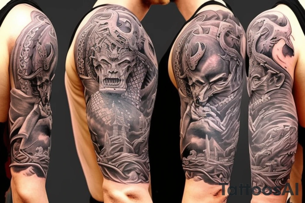 I want a full sleeve tattoo with devil, god and a symbol of conquest tattoo idea