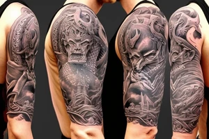 I want a full sleeve tattoo with devil, god and a symbol of conquest tattoo idea