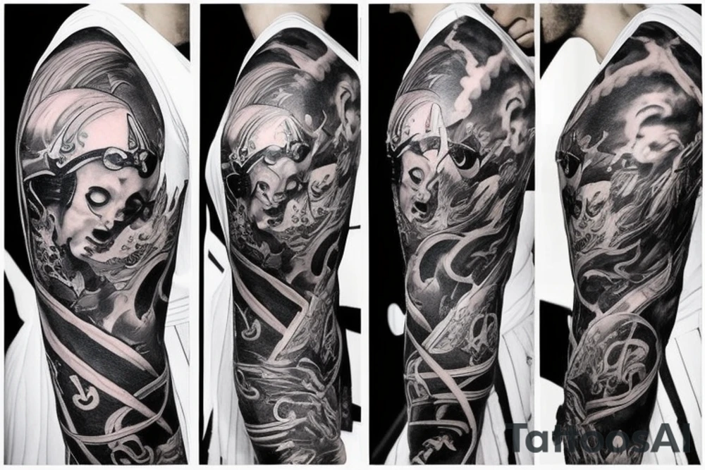 I want a full sleeve tattoo with devil, god and a symbol of conquest tattoo idea