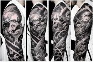 I want a full sleeve tattoo with devil, god and a symbol of conquest tattoo idea