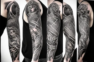 I want a full sleeve tattoo with devil, god and a symbol of conquest tattoo idea