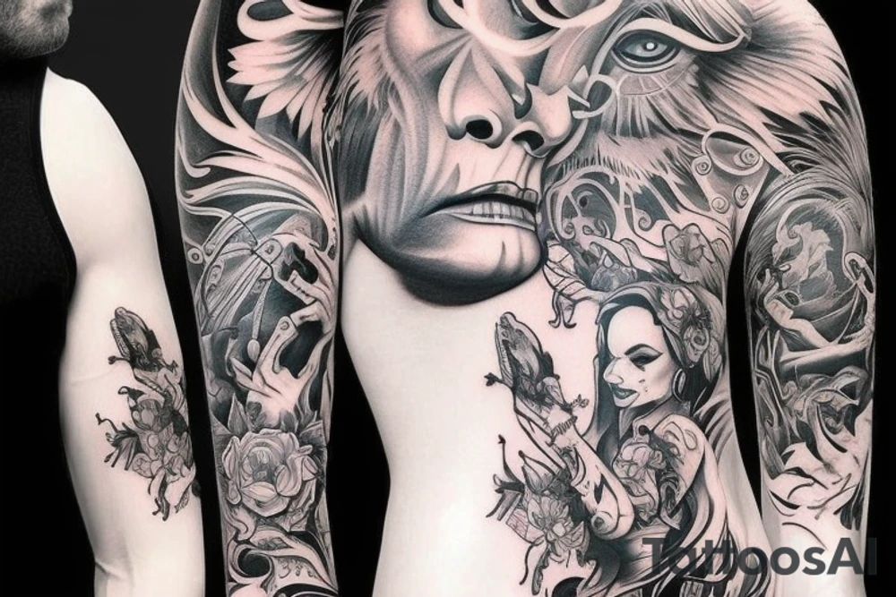 I want a full sleeve tattoo with a devil, tattoo idea