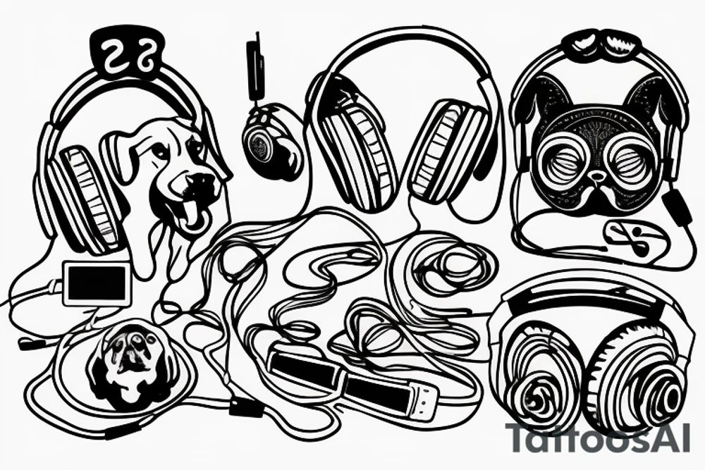 line drawing dog with headphones tattoo idea