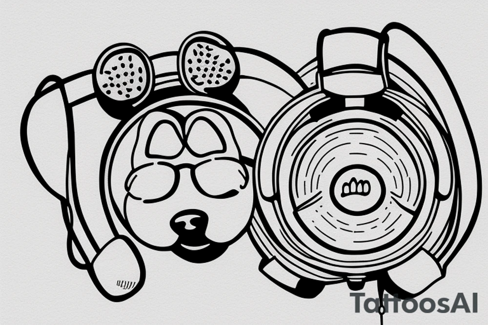 line drawing dog with headphones tattoo idea
