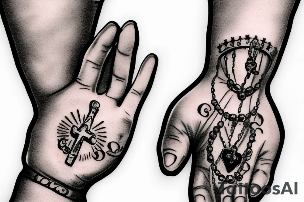 Praying hands with rosary and the name Mary with bible verse tattoo idea