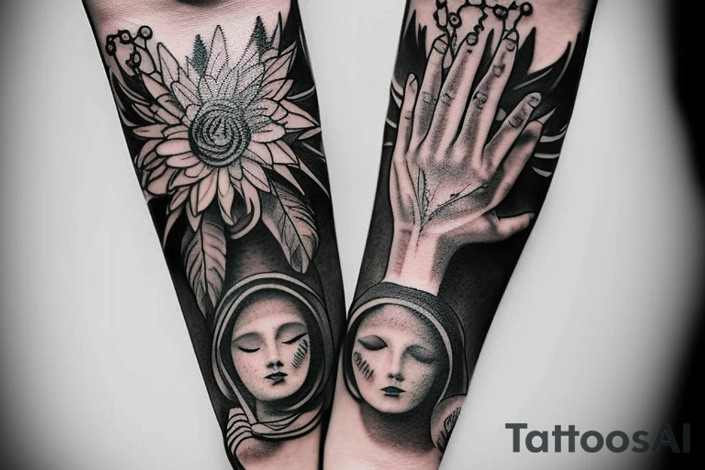 Forearm sleeve with prayer hands and a rosary tattoo idea