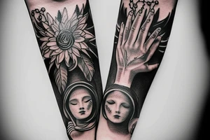 Forearm sleeve with prayer hands and a rosary tattoo idea