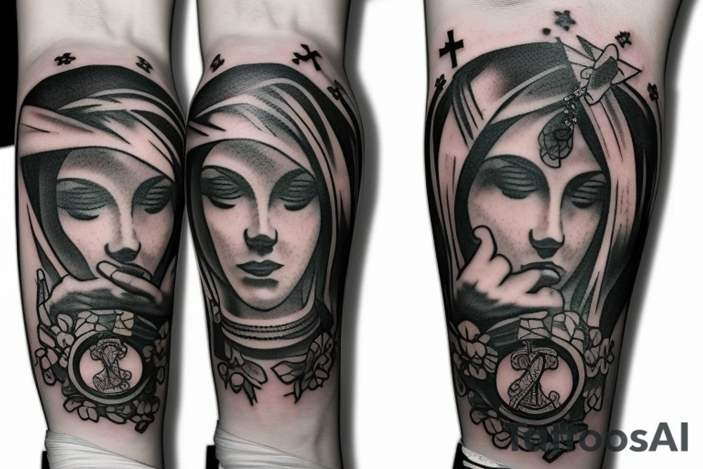 Forearm sleeve with prayer hands and a rosary tattoo idea