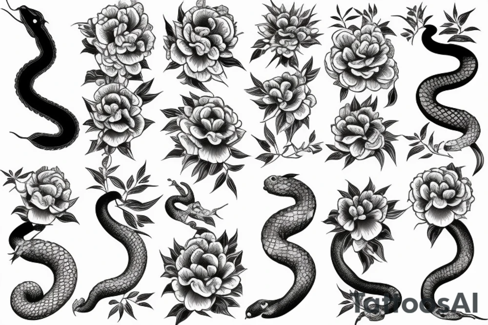 Japanese sleeve with a snake and peonies flowers tattoo idea