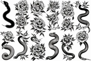Japanese sleeve with a snake and peonies flowers tattoo idea