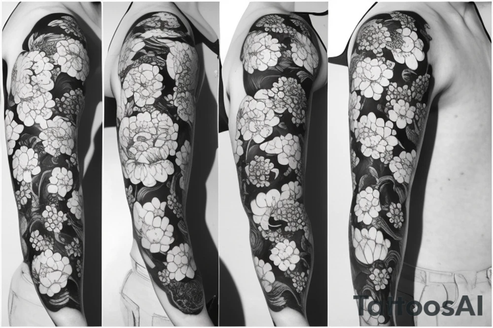Japanese sleeve with a snake and peonies flowers tattoo idea