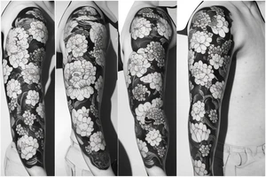 Japanese sleeve with a snake and peonies flowers tattoo idea