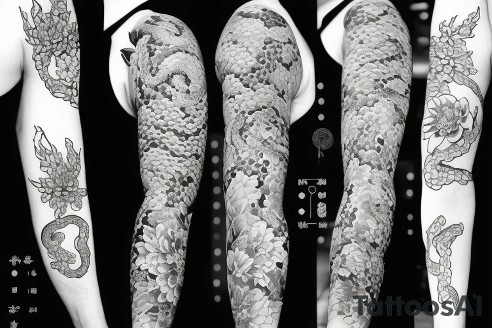 Japanese sleeve with a snake and peonies flowers, water, chrysanthemum flower tattoo idea