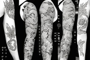Japanese sleeve with a snake and peonies flowers, water, chrysanthemum flower tattoo idea