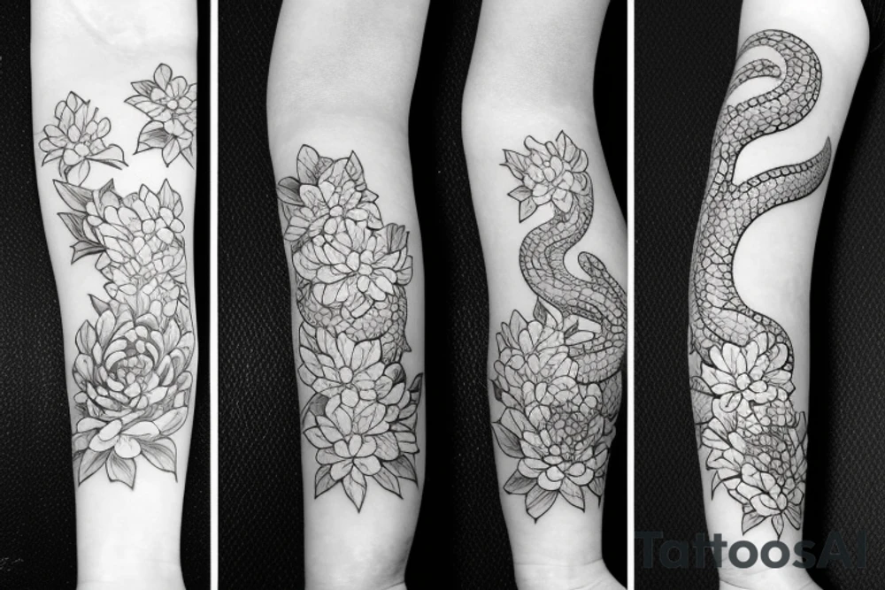 Japanese sleeve with a snake and peonies flowers, water, chrysanthemum flower tattoo idea