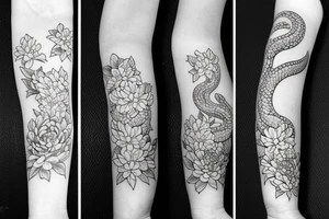 Japanese sleeve with a snake and peonies flowers, water, chrysanthemum flower tattoo idea
