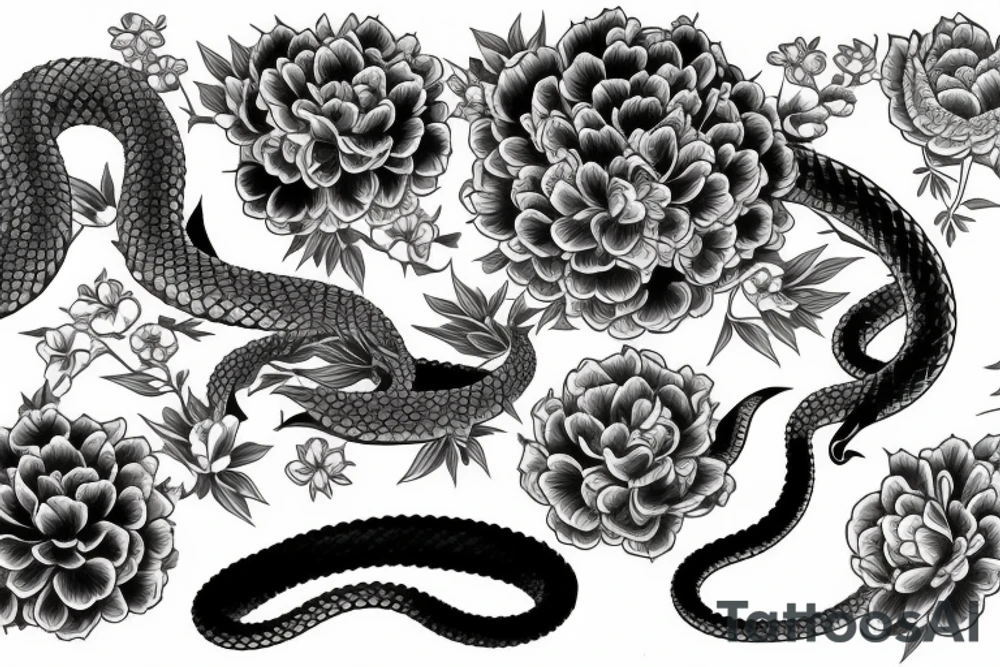 Japanese sleeve with a snake and peonies flowers, water, chrysanthemum flower, hanya mask tattoo idea