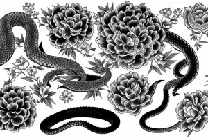 Japanese sleeve with a snake and peonies flowers, water, chrysanthemum flower, hanya mask tattoo idea