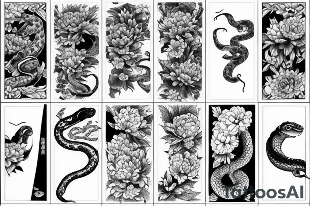 Japanese sleeve with a snake and peonies flowers, water, chrysanthemum flower, hanya mask tattoo idea