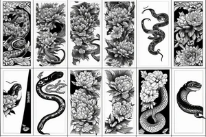 Japanese sleeve with a snake and peonies flowers, water, chrysanthemum flower, hanya mask tattoo idea