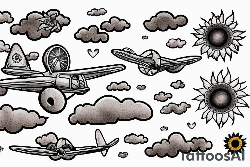 Microlight plane with clouds, ufo's and sunflowers tattoo idea