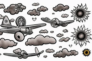 Microlight plane with clouds, ufo's and sunflowers tattoo idea
