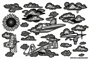 Microlight plane with clouds, ufo's and sunflowers tattoo idea