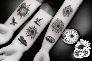 Microlight plane with clouds, ufo's and sunflowers tattoo idea