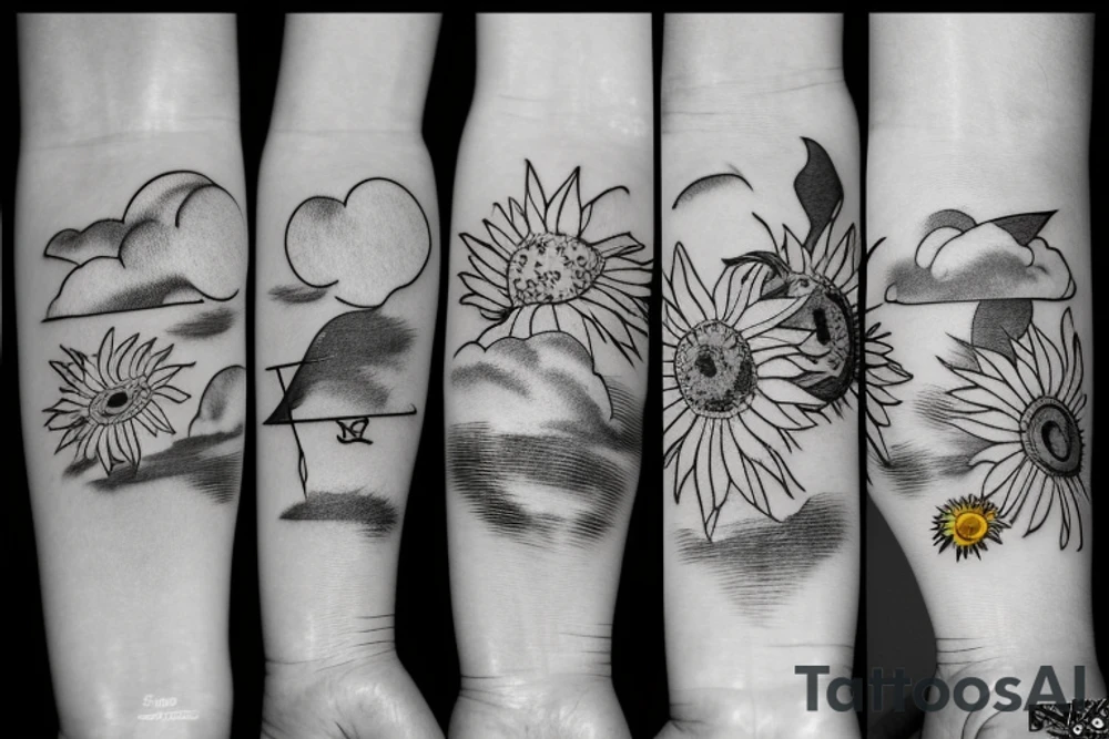 Microlight plane with clouds, ufo's and sunflowers tattoo idea