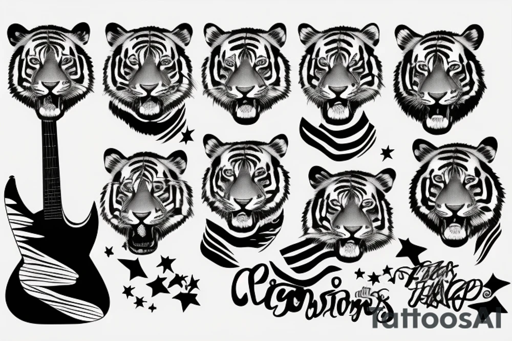 Tiger on a guitar with stars in the background tattoo idea