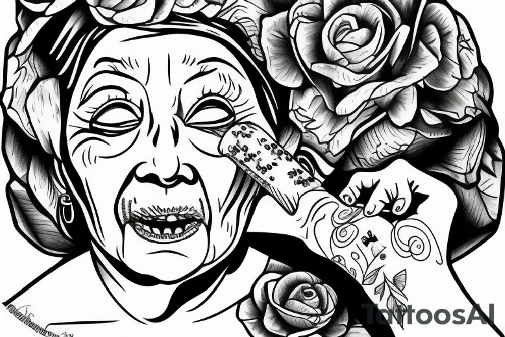 Old woman eating corn tattoo idea