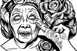 Old woman eating corn tattoo idea