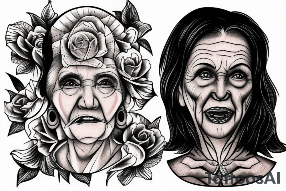 Old woman eating corn tattoo idea