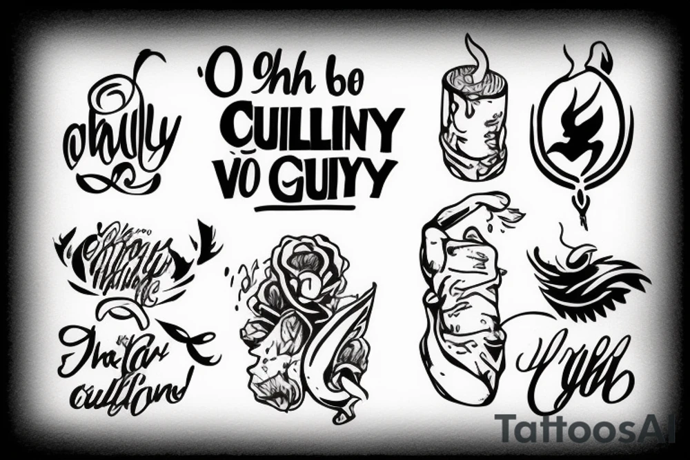 The words "Oh I wanna be guilty" with minimal Christian imagery incorporated tattoo idea
