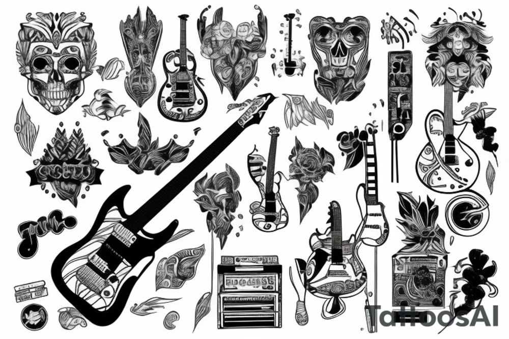 Fine line skeleton playing an electric guitar tattoo idea