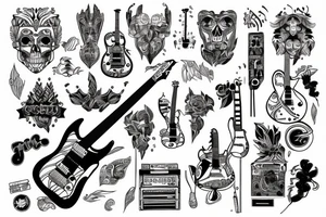 Fine line skeleton playing an electric guitar tattoo idea