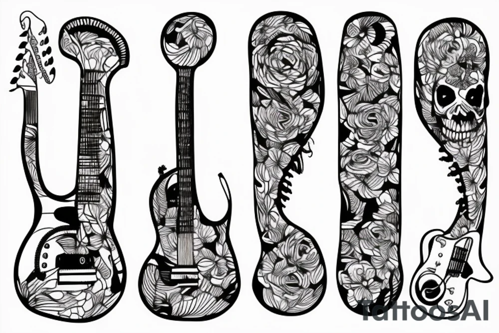 Fine line skeleton playing an electric guitar tattoo idea