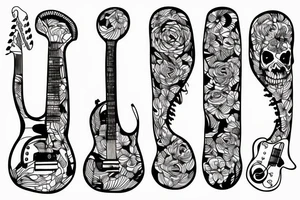 Fine line skeleton playing an electric guitar tattoo idea