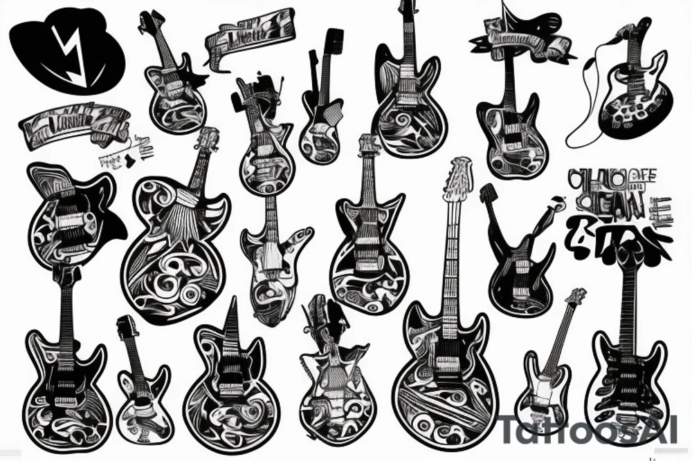 Fine line skeleton playing an electric guitar tattoo idea