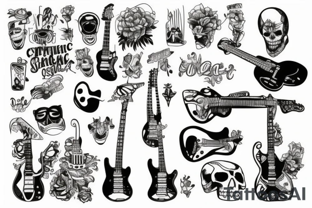 Fine line skeleton playing an electric guitar tattoo idea