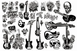 Fine line skeleton playing an electric guitar tattoo idea
