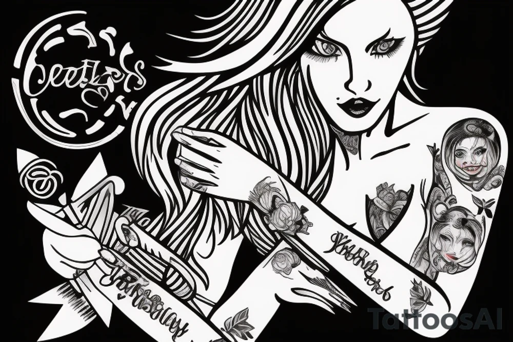 Female hair stylist In the middle of a crest holding scissors tattoo idea
