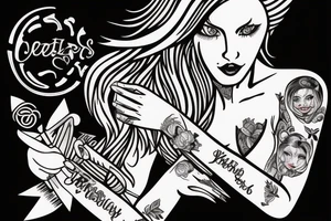 Female hair stylist In the middle of a crest holding scissors tattoo idea