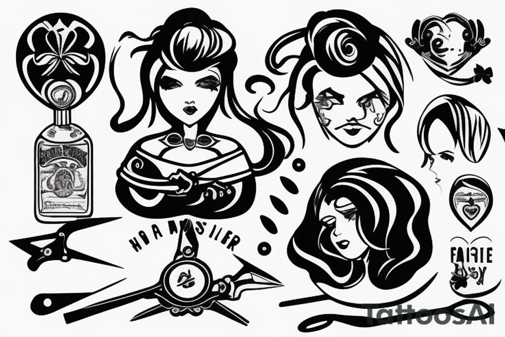 Female hair stylist In the middle of a crest holding scissors tattoo idea
