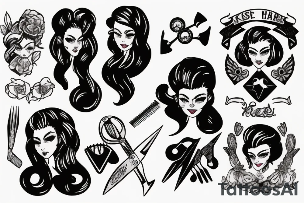 Female hair stylist In the middle of a crest holding scissors tattoo idea
