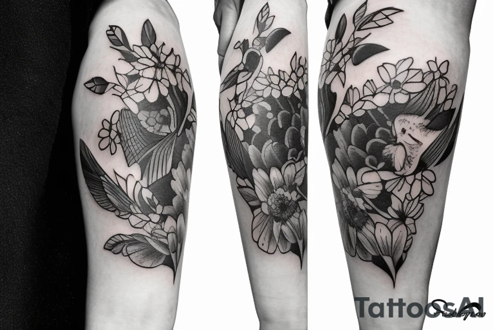baby duck shooting flowers tattoo idea