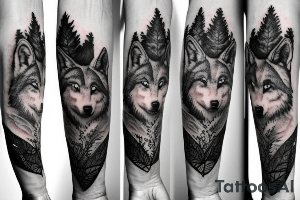 Forest and wolf sleeve tattoo idea
