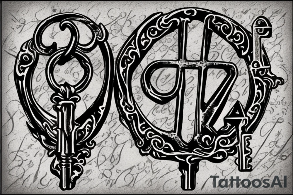 Ornate Victorian Gothic skeleton key with the letter "kji" in the negative space of the keys teeth tattoo idea