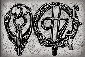 Ornate Victorian Gothic skeleton key with the letter "kji" in the negative space of the keys teeth tattoo idea